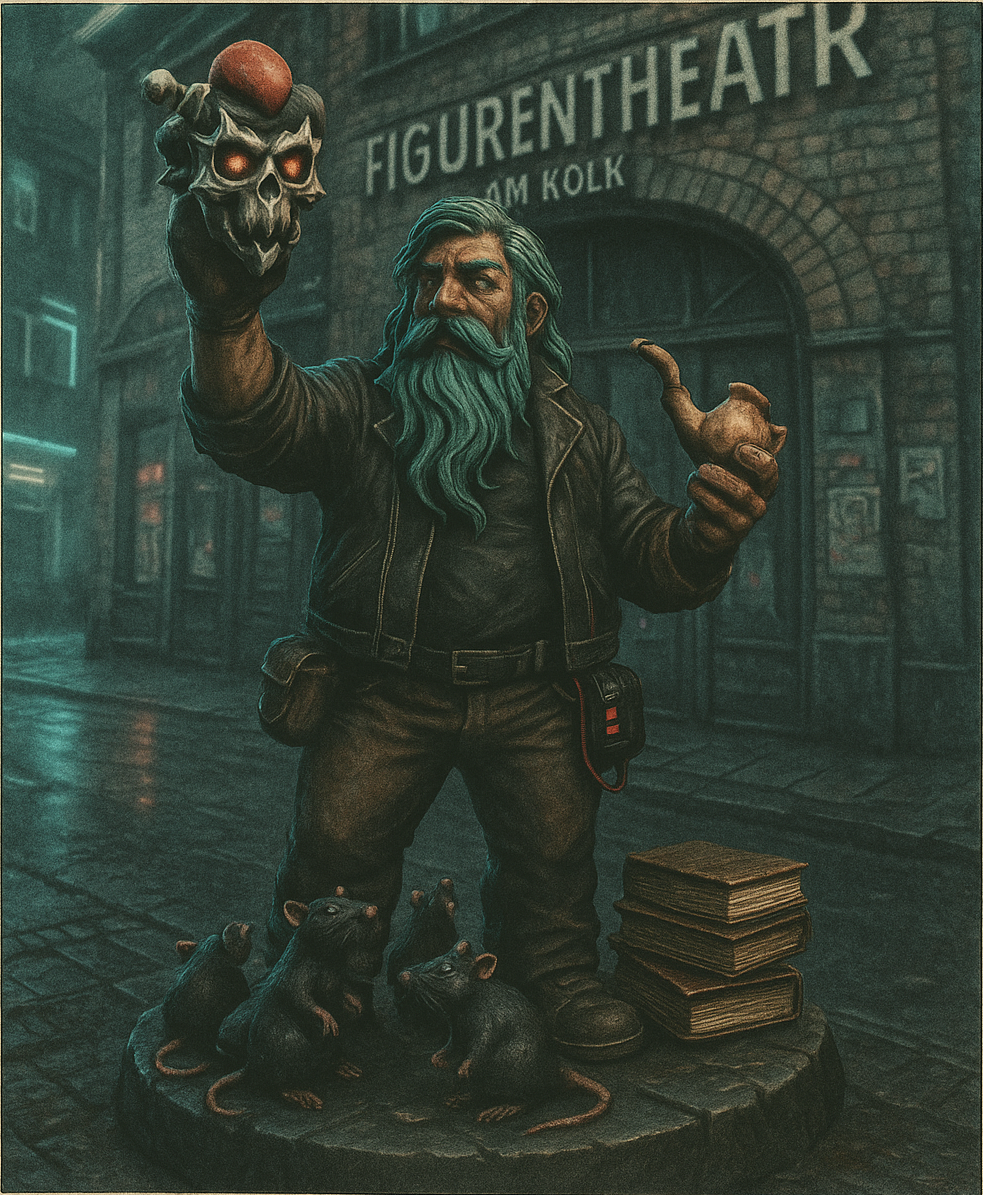 Pino Petto inszeniert sich vor dem Figurentheater am Kolk – mit Totenkopfmaske, Ente, Ratten und einem Hauch von Schattenmagie.