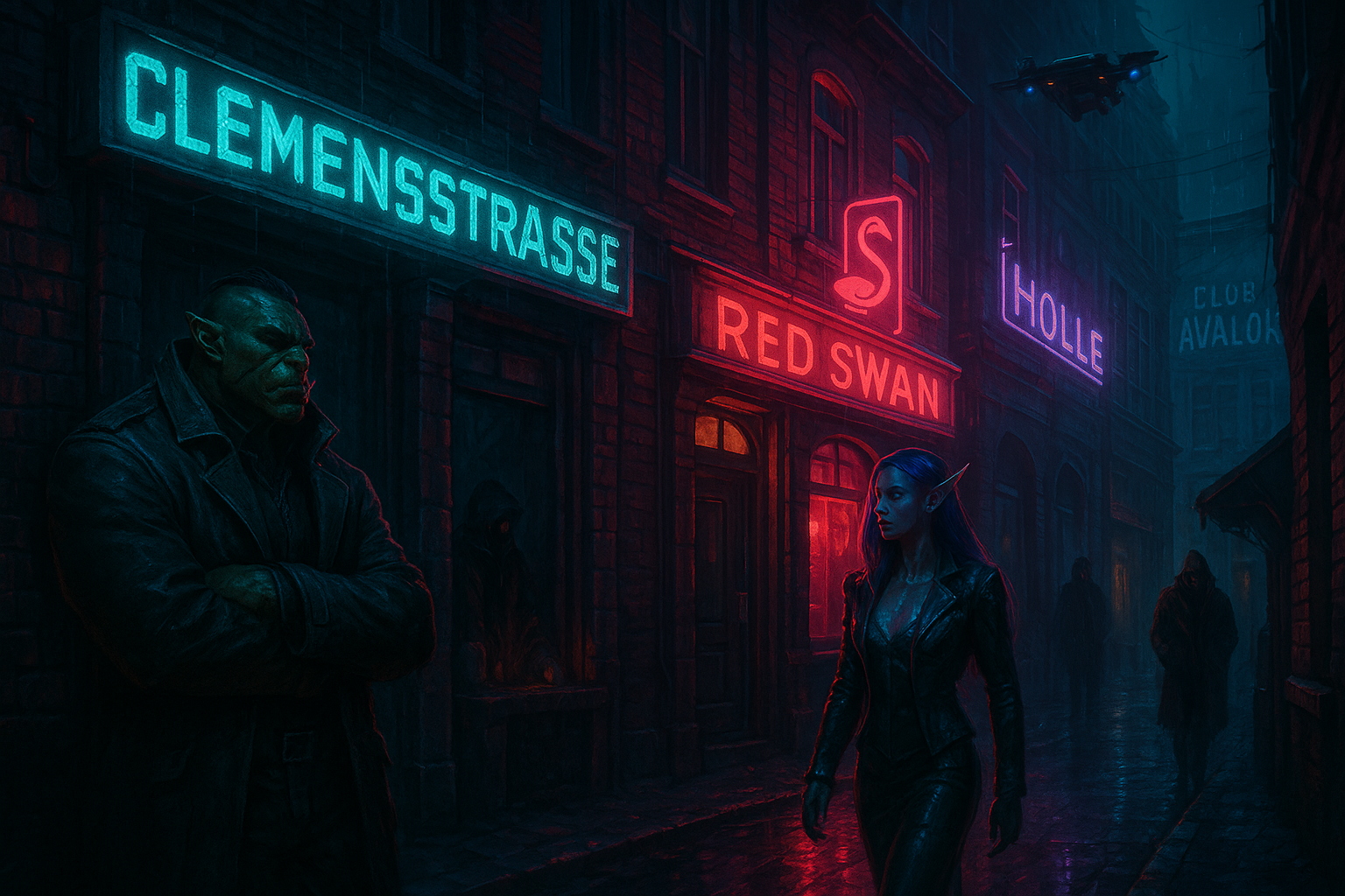 Cyberpunk-Szene der Clemensstraße in Lübeck: Neonlichter, ein Ork, eine Elfe und düstere Gestalten bei nächtlichem Regen.
