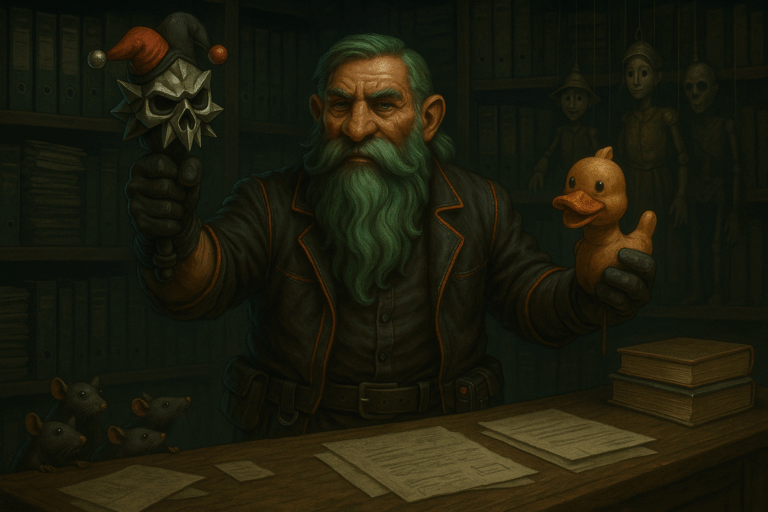 Pino Petto steht in seinem Büro mit Totenkopf-Stab und Enten-Handpuppe vor Regalen voller Akten, Marionetten und Magie.