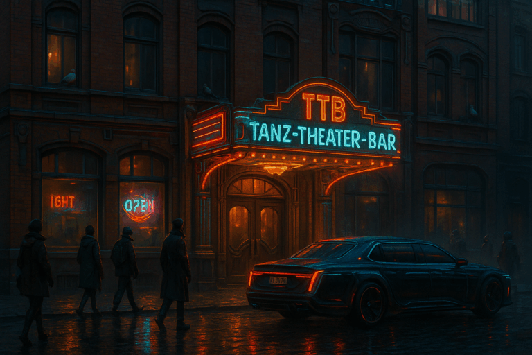 Neonlichter erhellen das TTB in Lübeck 2083. Menschen und ein futuristisches Auto vor dem Tanz-Theater-Bar bei Nacht.