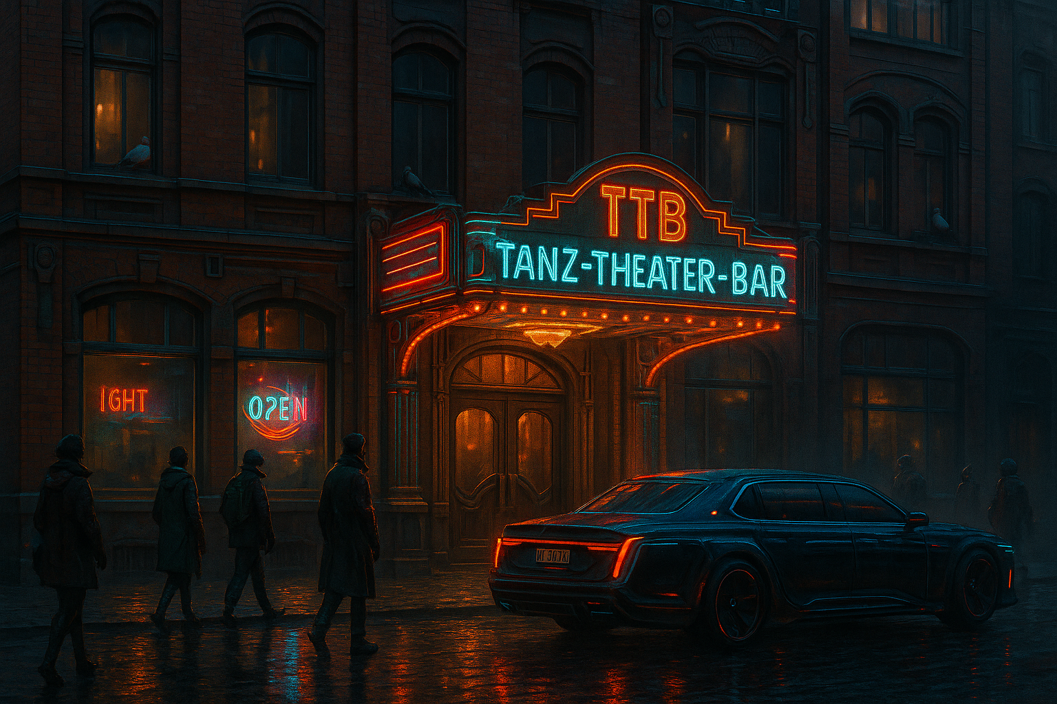 Neonlichter erhellen das TTB in Lübeck 2083. Menschen und ein futuristisches Auto vor dem Tanz-Theater-Bar bei Nacht.