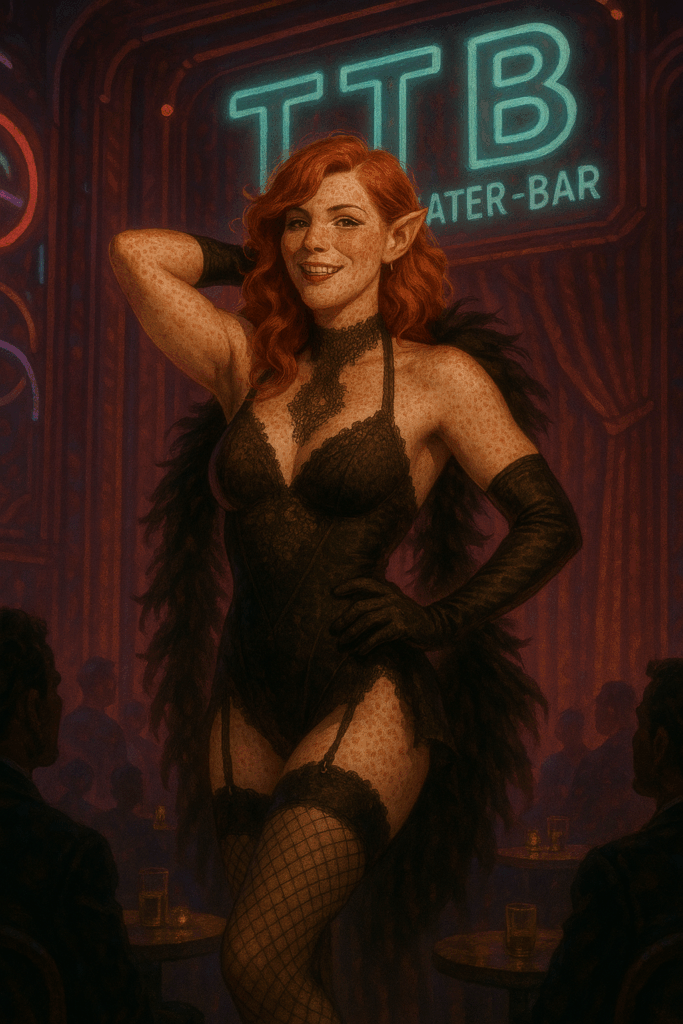 Lash, die Ork-Performerin, verführt das Publikum der TTB Tanz-Theater-Bar in schwarzer Spitze und unter verführerischem Neonlicht.