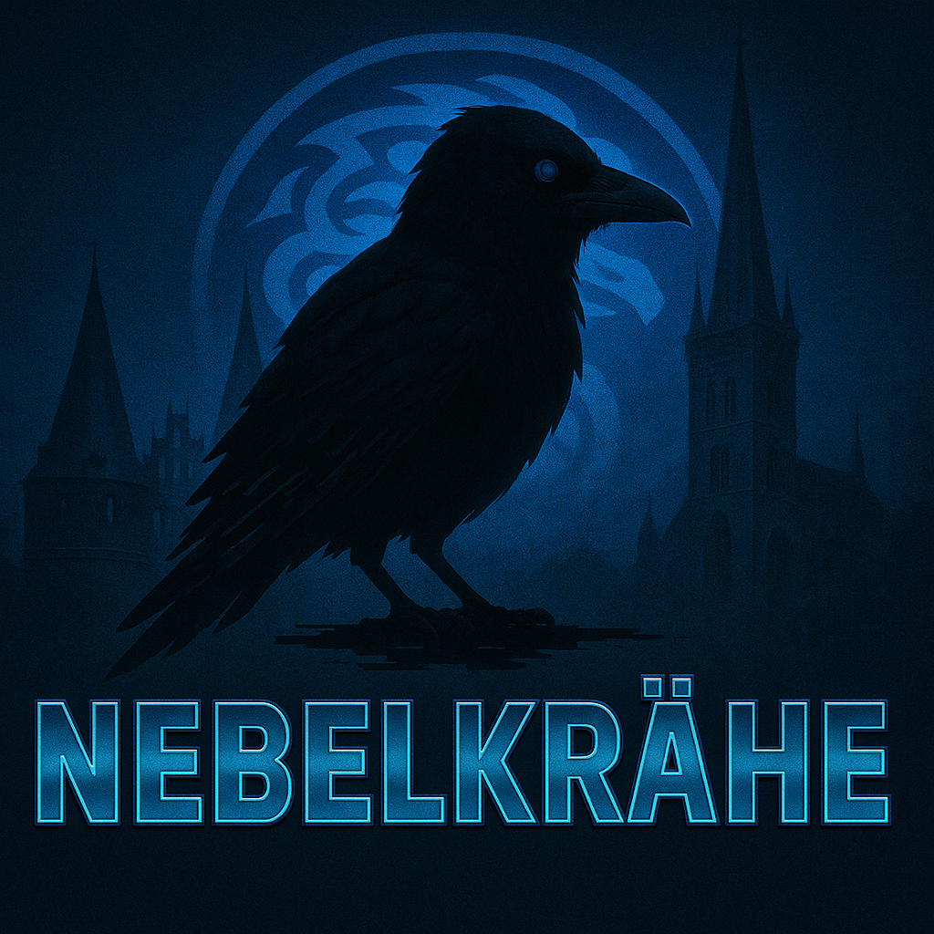 Logo mit Cyberpunk-Krähe vor Holstentor, Marienkirche und blauer Shadowrun-Schlange. Schriftzug: „NEBELKRÄHE“.