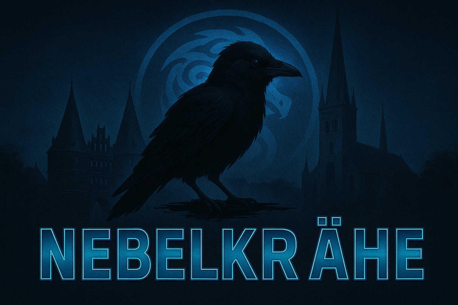 Düstere Cyberpunk-Szene mit Krähe, Lübecker Wahrzeichen, Shadowrun-Schlange und „NEBELKRÄHE“-Schriftzug.